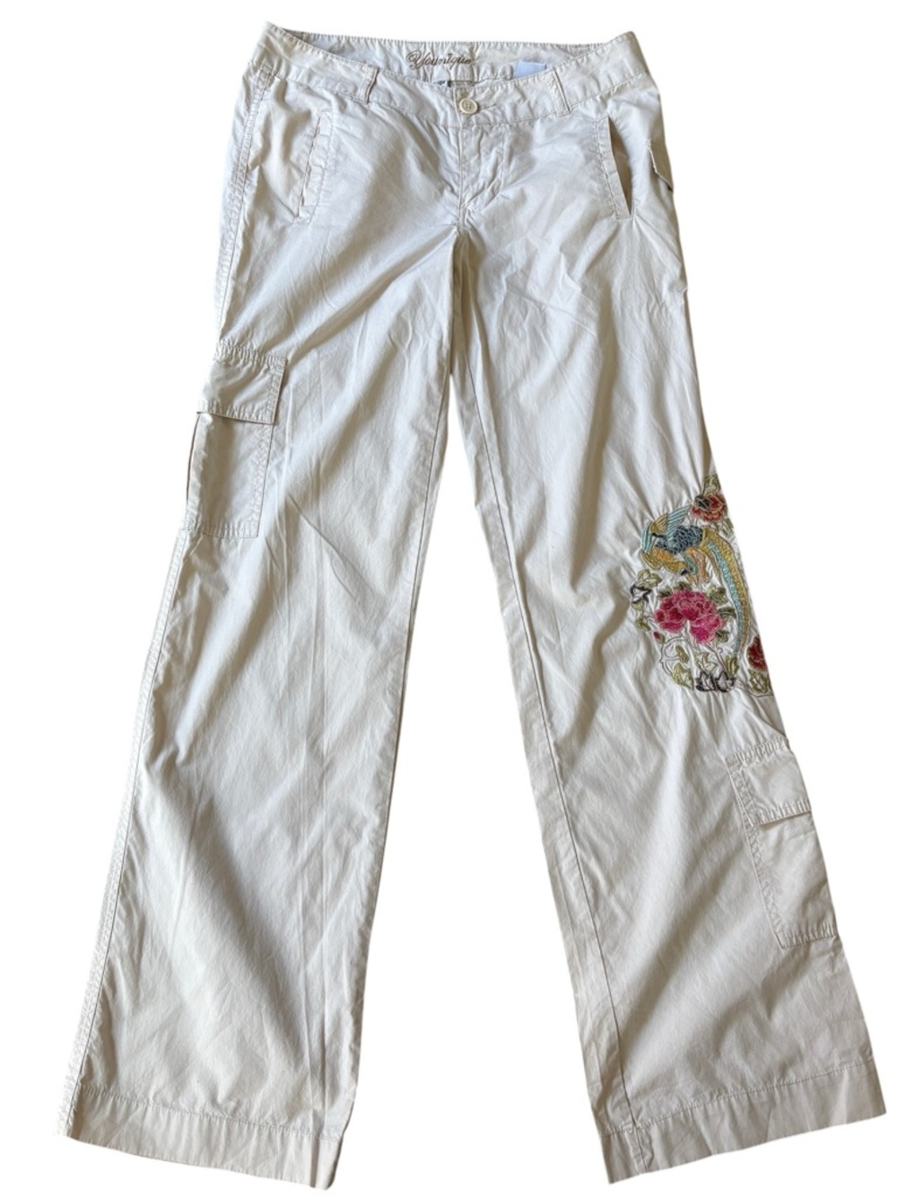 Y2K Ivory Embroidered Floral Bird Wide Leg Cargo Pants Boho Size 5